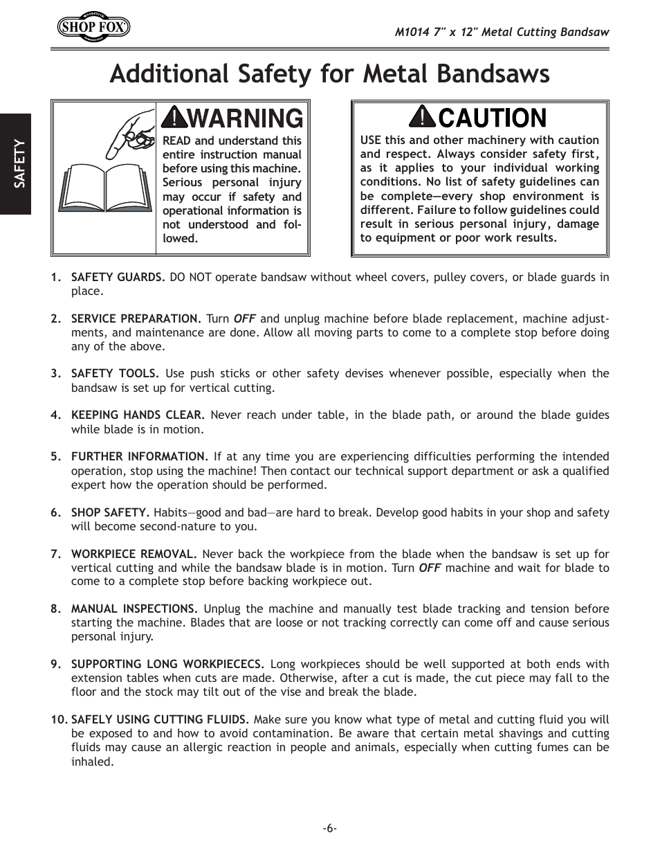 Additional safety for metal cutting bandsaws 6, Additional safety for metal bandsaws | Woodstock SHOP FOX M1014 User Manual | Page 8 / 52