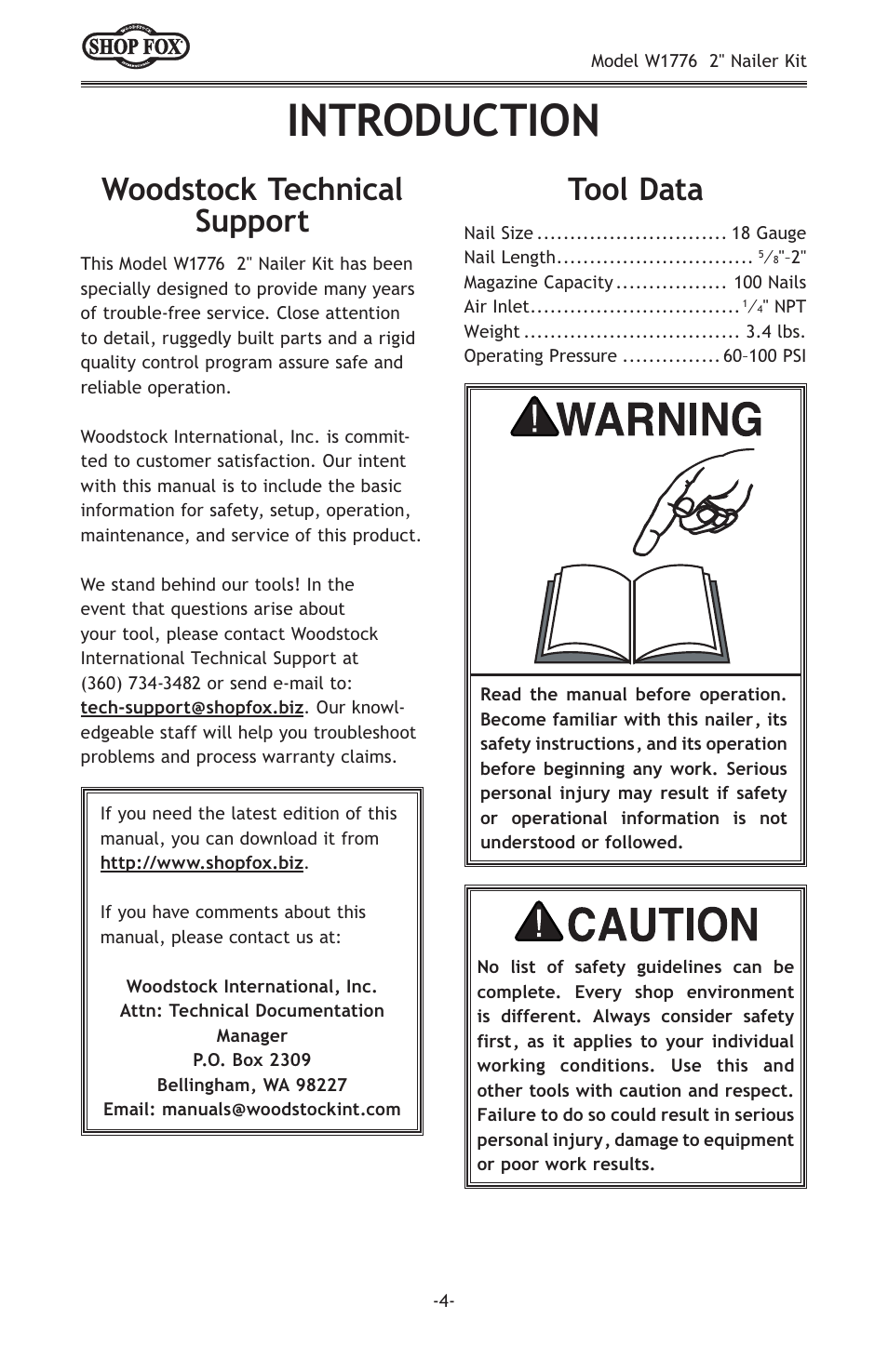 Introduction, Woodstock technical support tool data | Woodstock W1776 User Manual | Page 6 / 20
