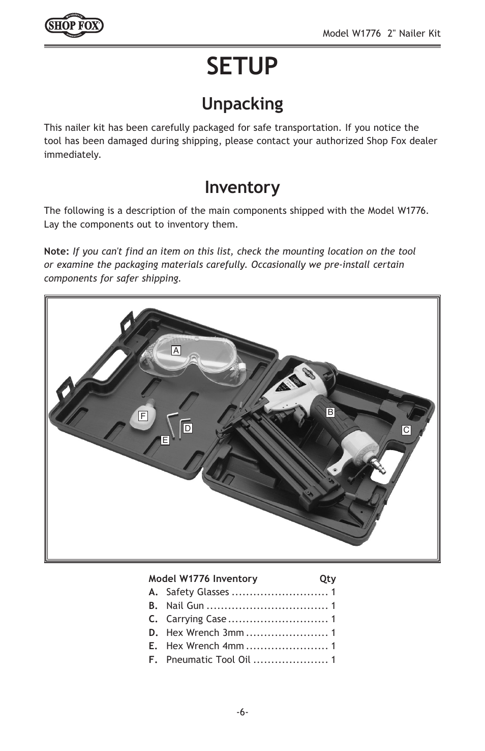 Setup, Inventory, Unpacking | Woodstock W1776 User Manual | Page 8 / 20