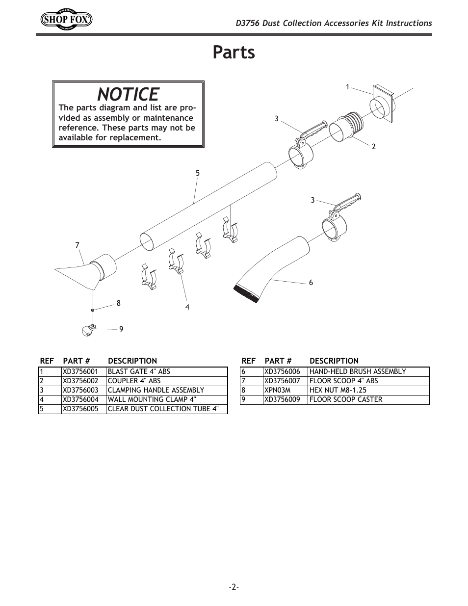 Parts, Notice | Woodstock D3756 User Manual | Page 2 / 2