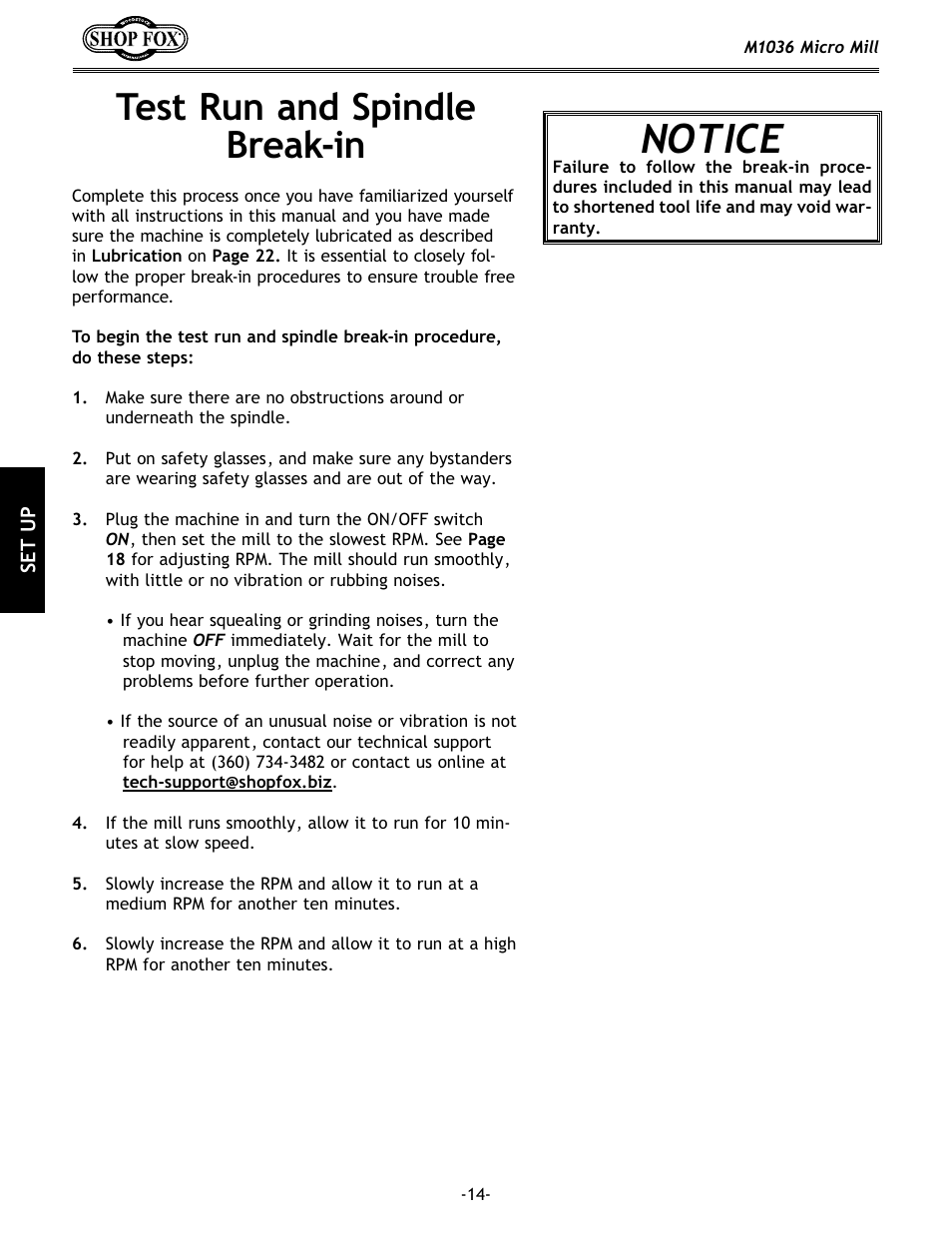 Notice, Test run and spindle break-in | Woodstock MICRO MILL M1036 User Manual | Page 16 / 36