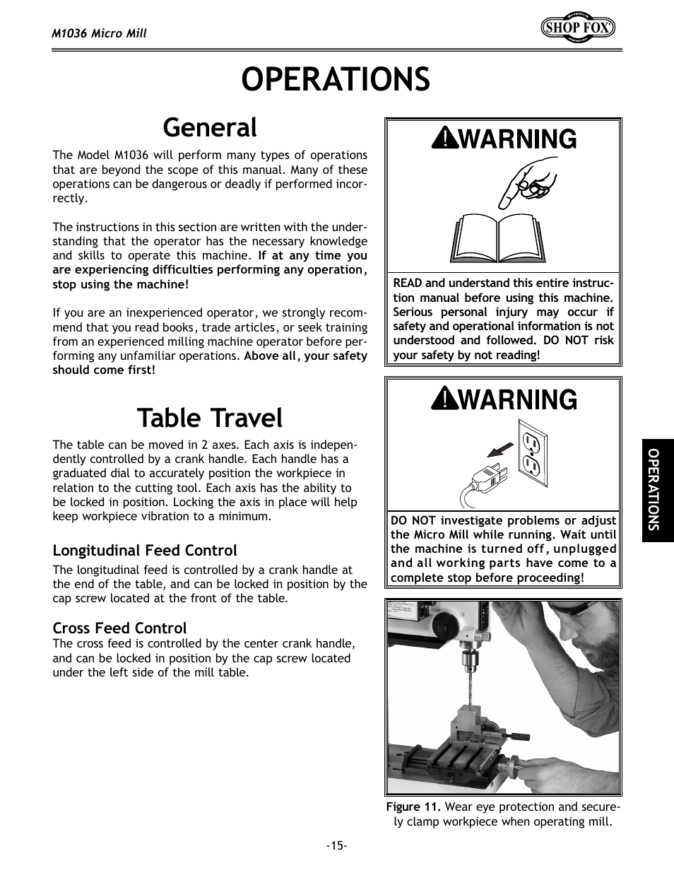 Operations, General, Table travel | Woodstock MICRO MILL M1036 User Manual | Page 17 / 36