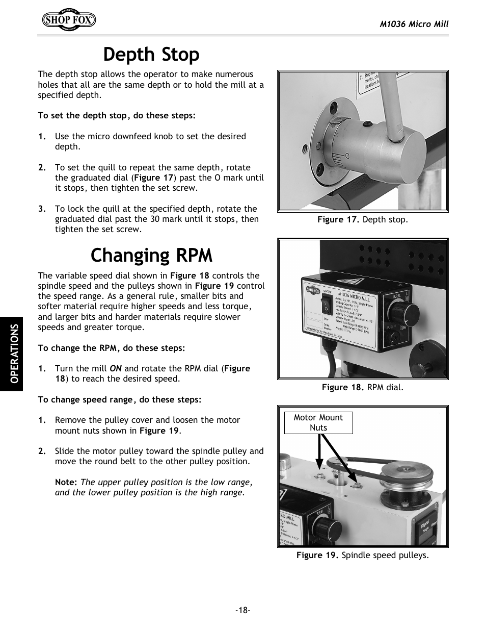 Changing rpm, Depth stop | Woodstock MICRO MILL M1036 User Manual | Page 20 / 36