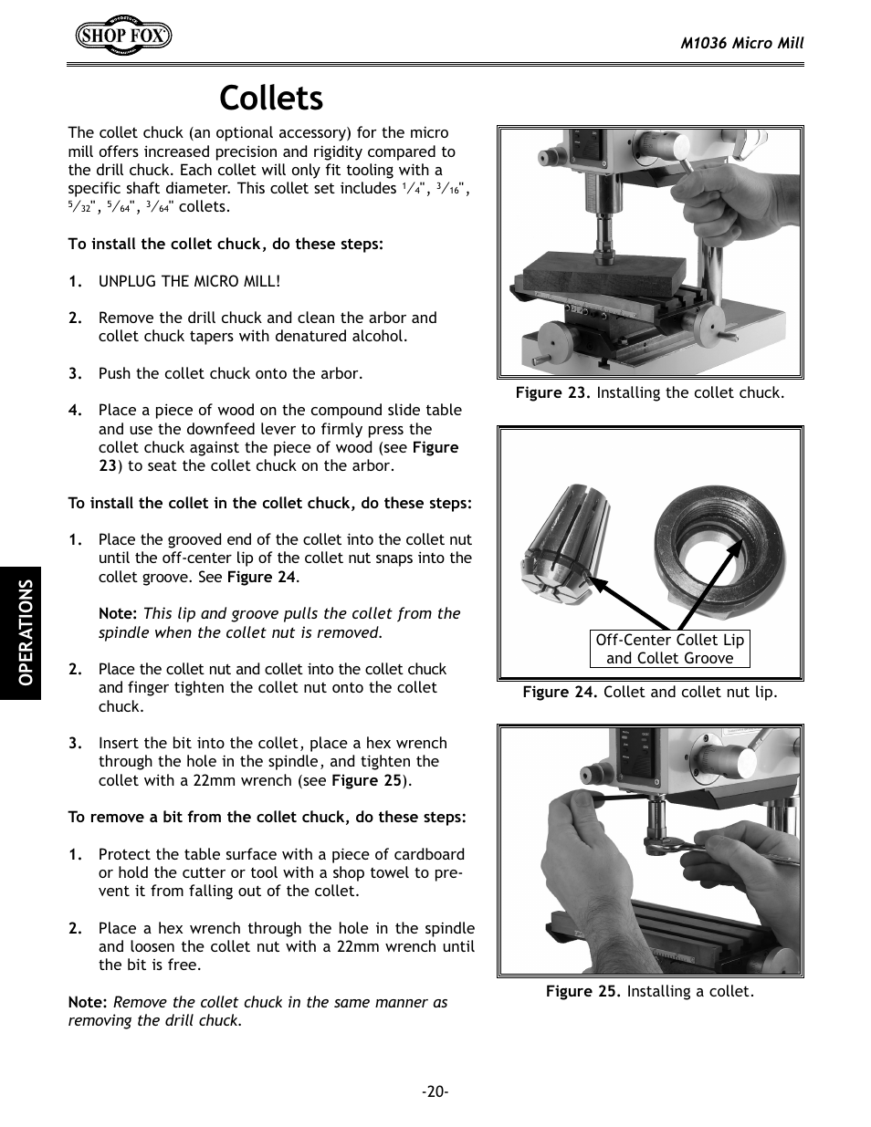 Collets, Ope r at io n s | Woodstock MICRO MILL M1036 User Manual | Page 22 / 36