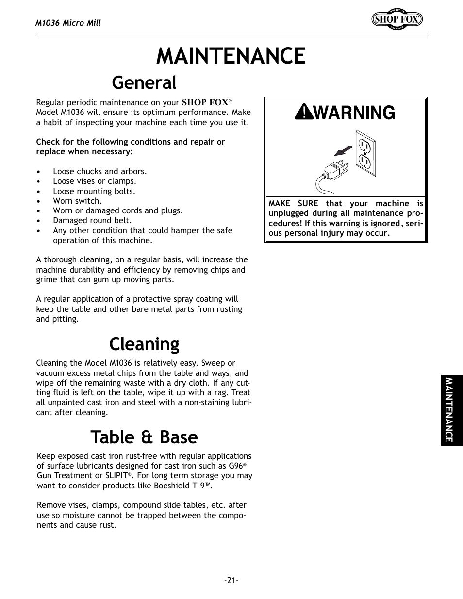 Maintenance, Table & base cleaning general | Woodstock MICRO MILL M1036 User Manual | Page 23 / 36