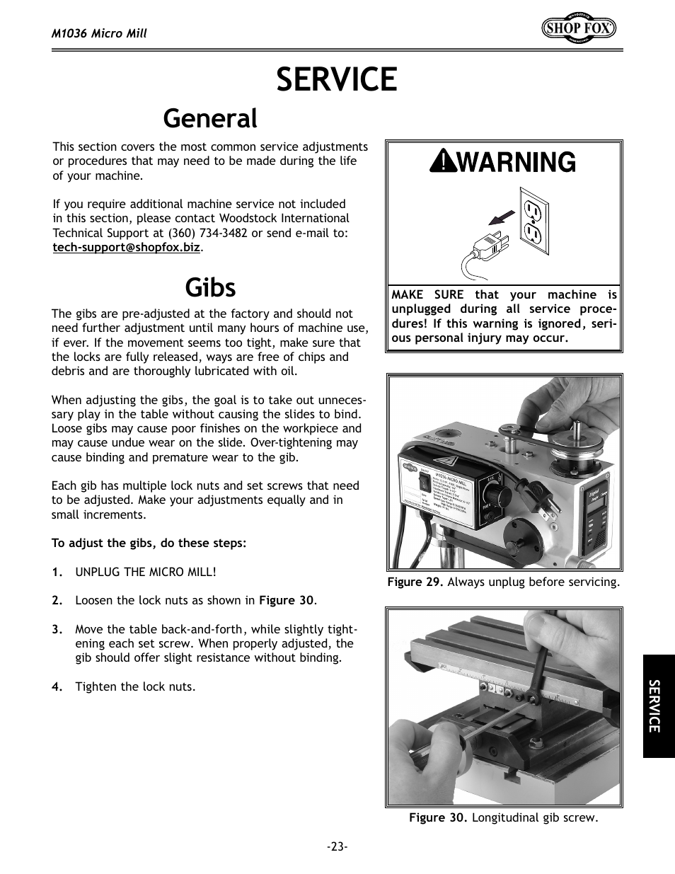 Service, General, Gibs | Woodstock MICRO MILL M1036 User Manual | Page 25 / 36