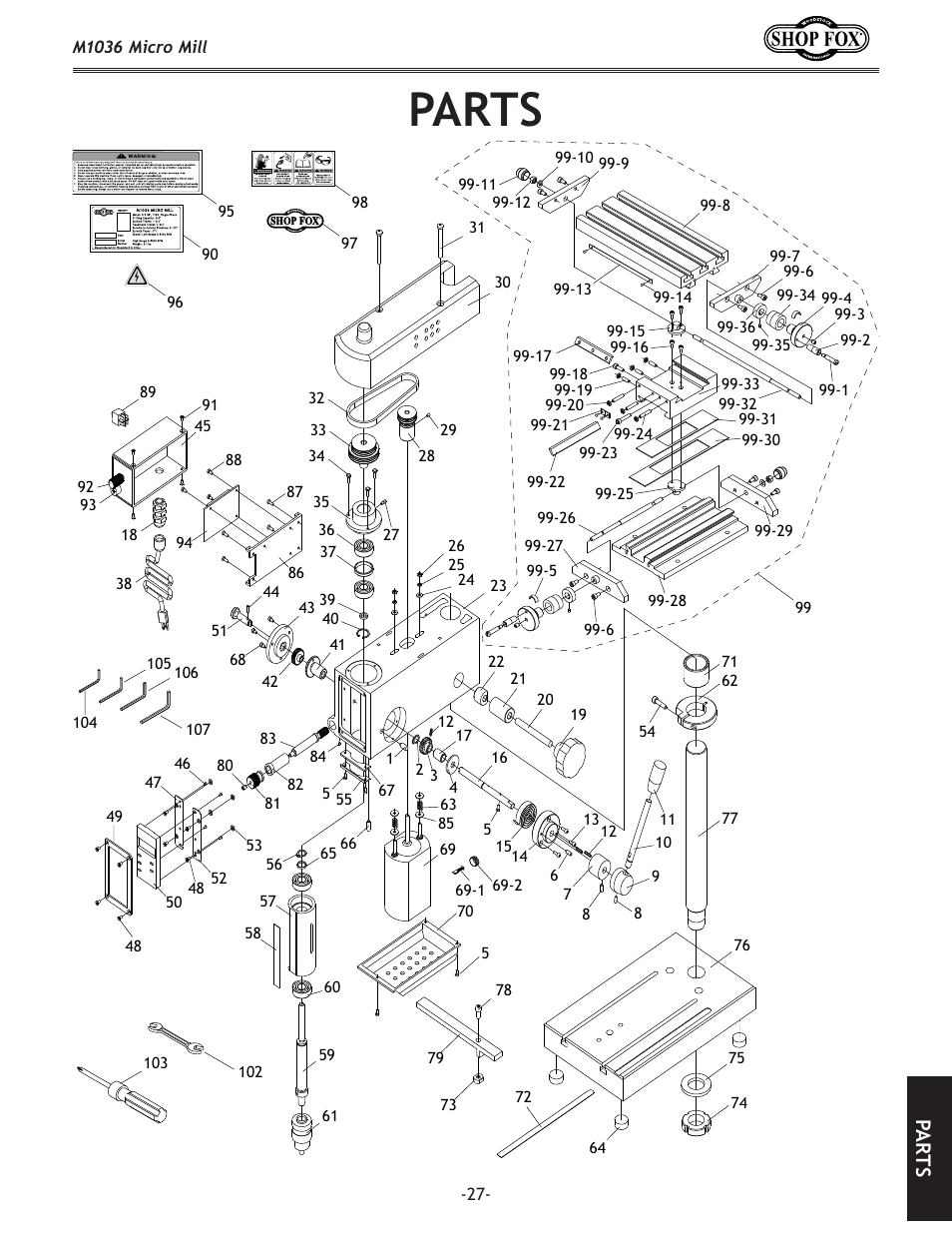 Parts, Pa rt s | Woodstock MICRO MILL M1036 User Manual | Page 29 / 36