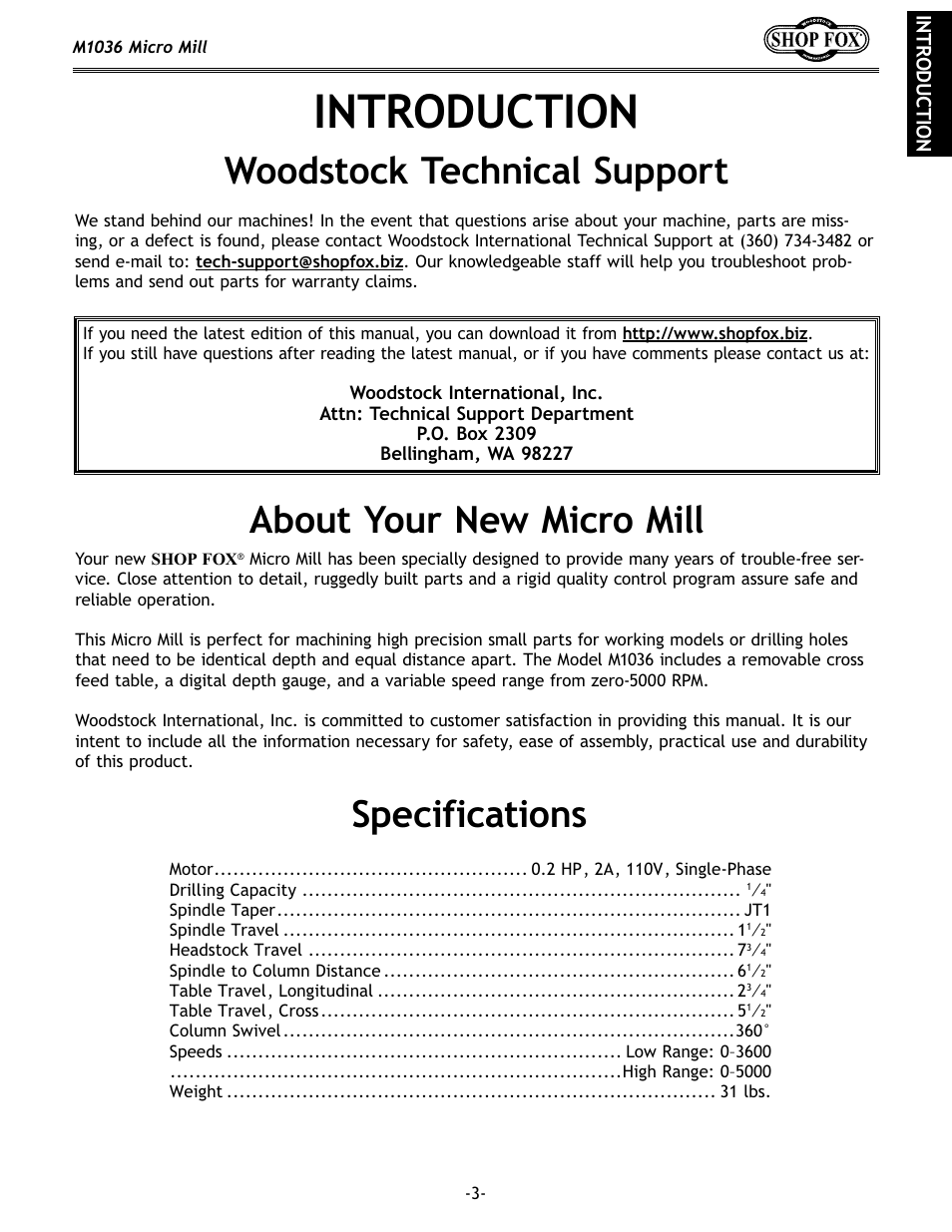 Introduction, Woodstock technical support, Specifications | About your new micro mill | Woodstock MICRO MILL M1036 User Manual | Page 5 / 36