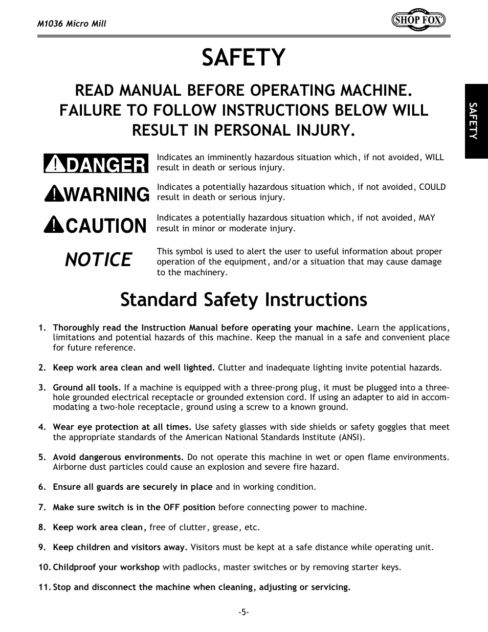 Safety, Standard safety instructions, Notice | Woodstock MICRO MILL M1036 User Manual | Page 7 / 36