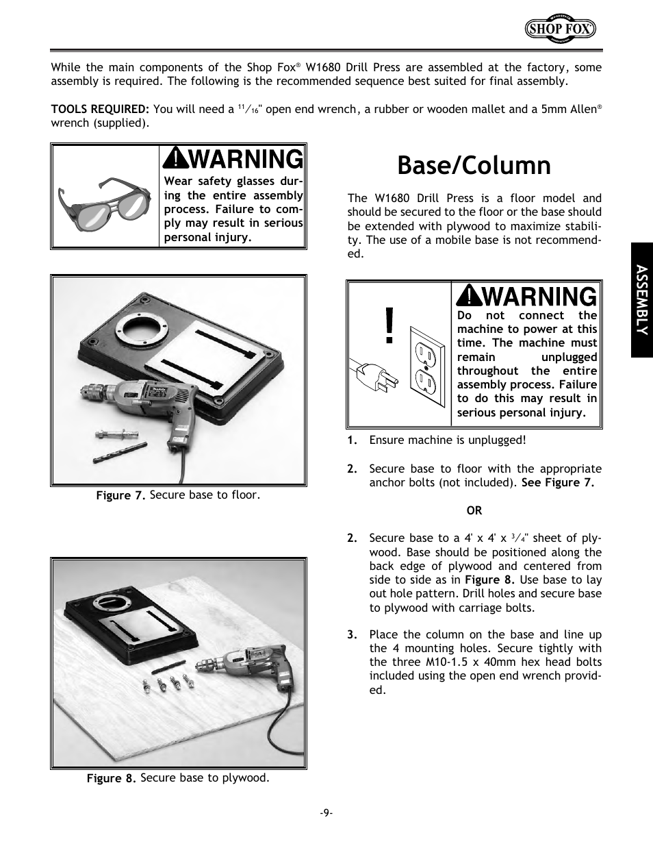 Base/column, Assembly | Woodstock SHOP FOX W1680 User Manual | Page 10 / 29