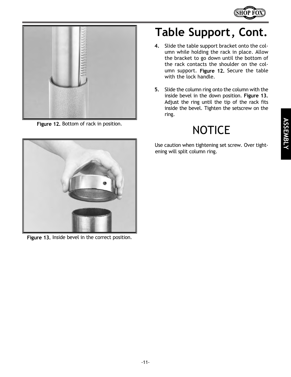 Table support, cont, Notice | Woodstock SHOP FOX W1680 User Manual | Page 12 / 29