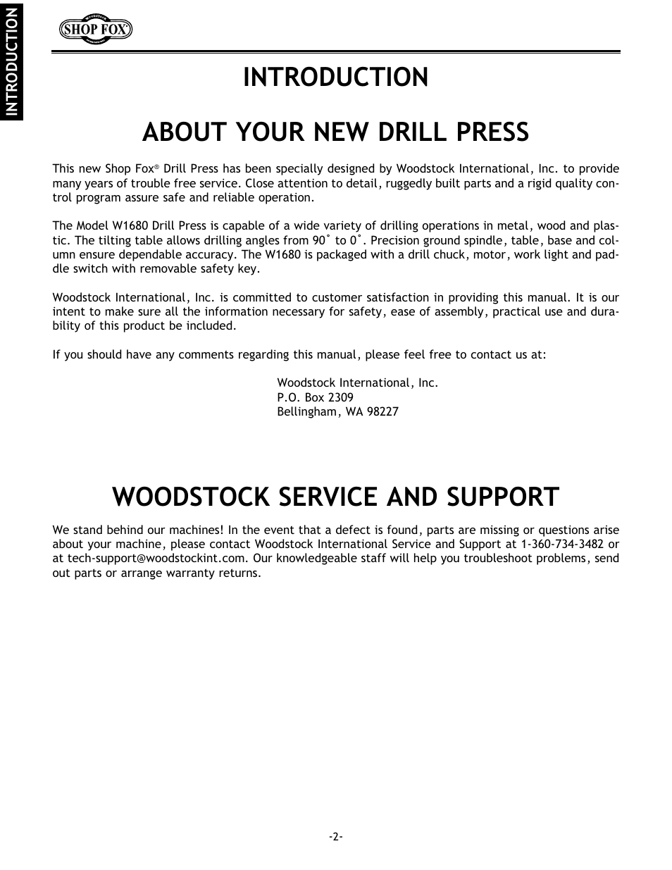 Introduction about your new drill press, Woodstock service and support | Woodstock SHOP FOX W1680 User Manual | Page 3 / 29