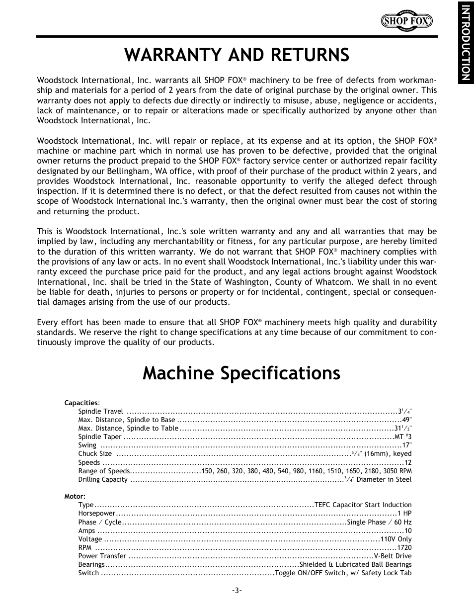 Warranty and returns, Machine specifications, Introduction | Woodstock SHOP FOX W1680 User Manual | Page 4 / 29
