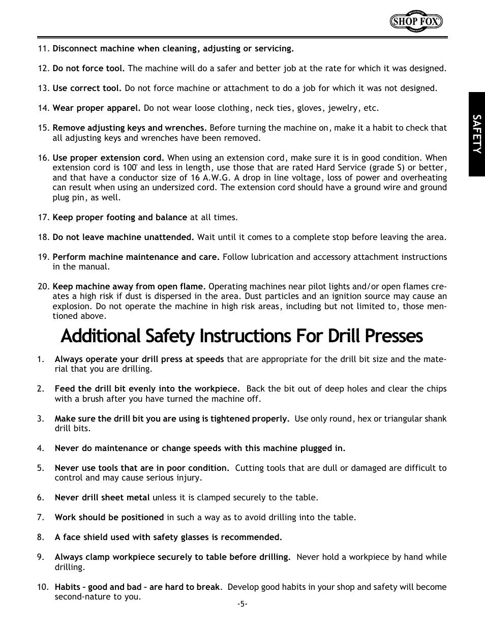 Additional safety instructions for drill presses | Woodstock SHOP FOX W1680 User Manual | Page 6 / 29