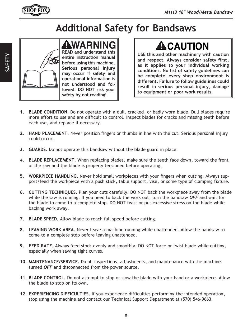 Additional safety for bandsaws | Woodstock M1113 User Manual | Page 10 / 60