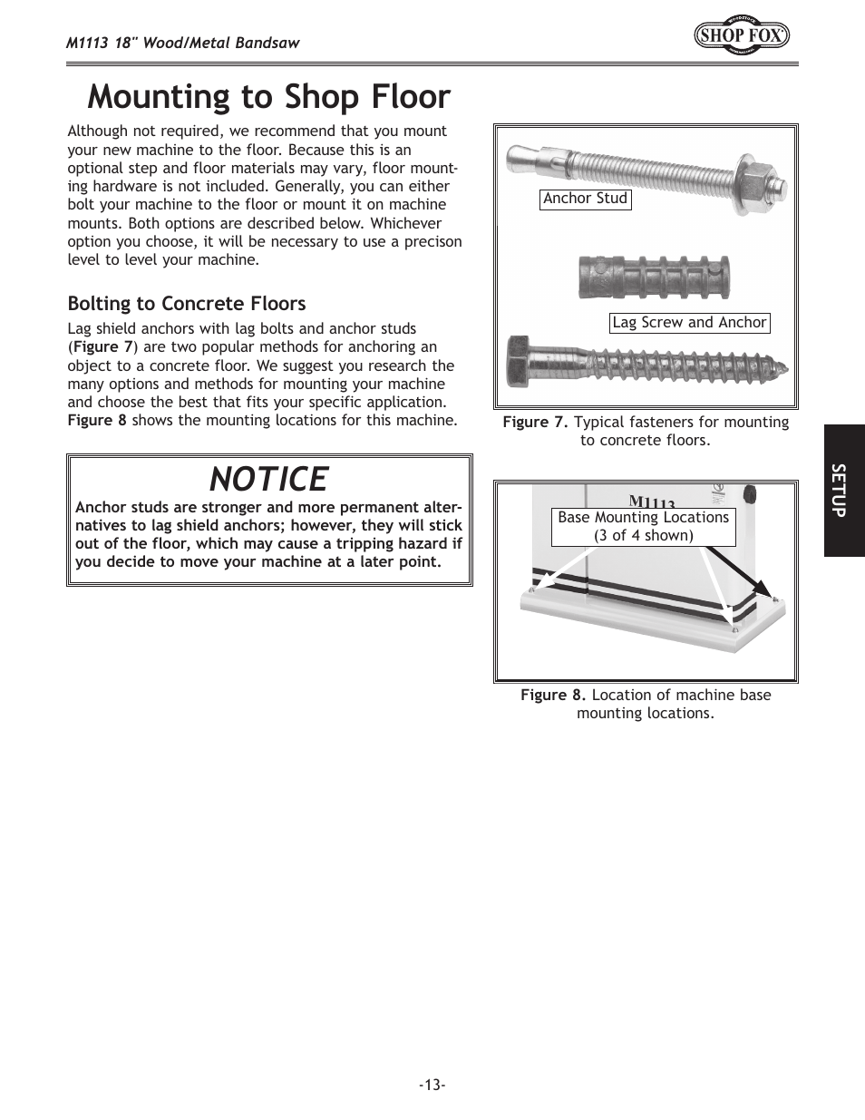 Mounting to shop floor notice | Woodstock M1113 User Manual | Page 15 / 60