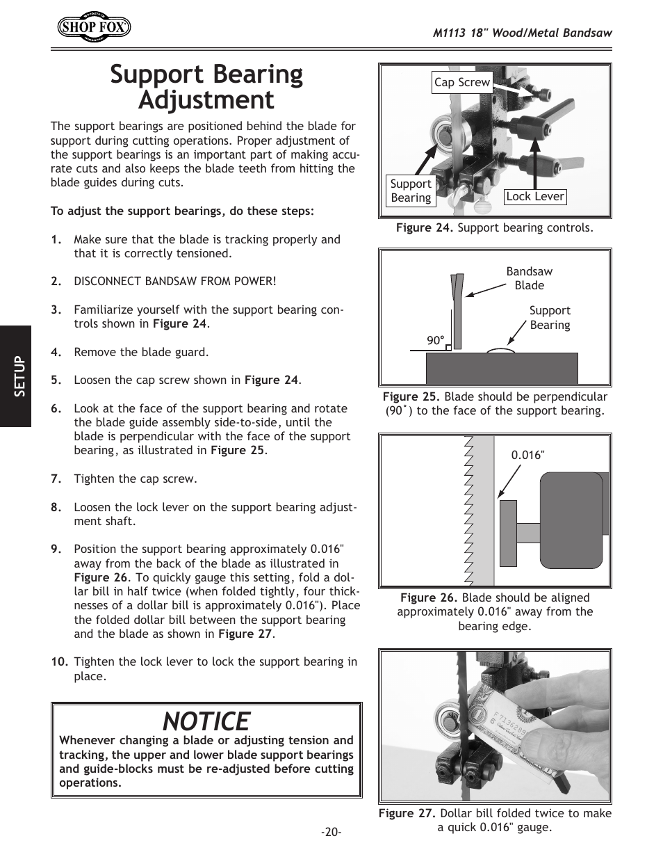 Support bearing adjustment, Notice | Woodstock M1113 User Manual | Page 22 / 60