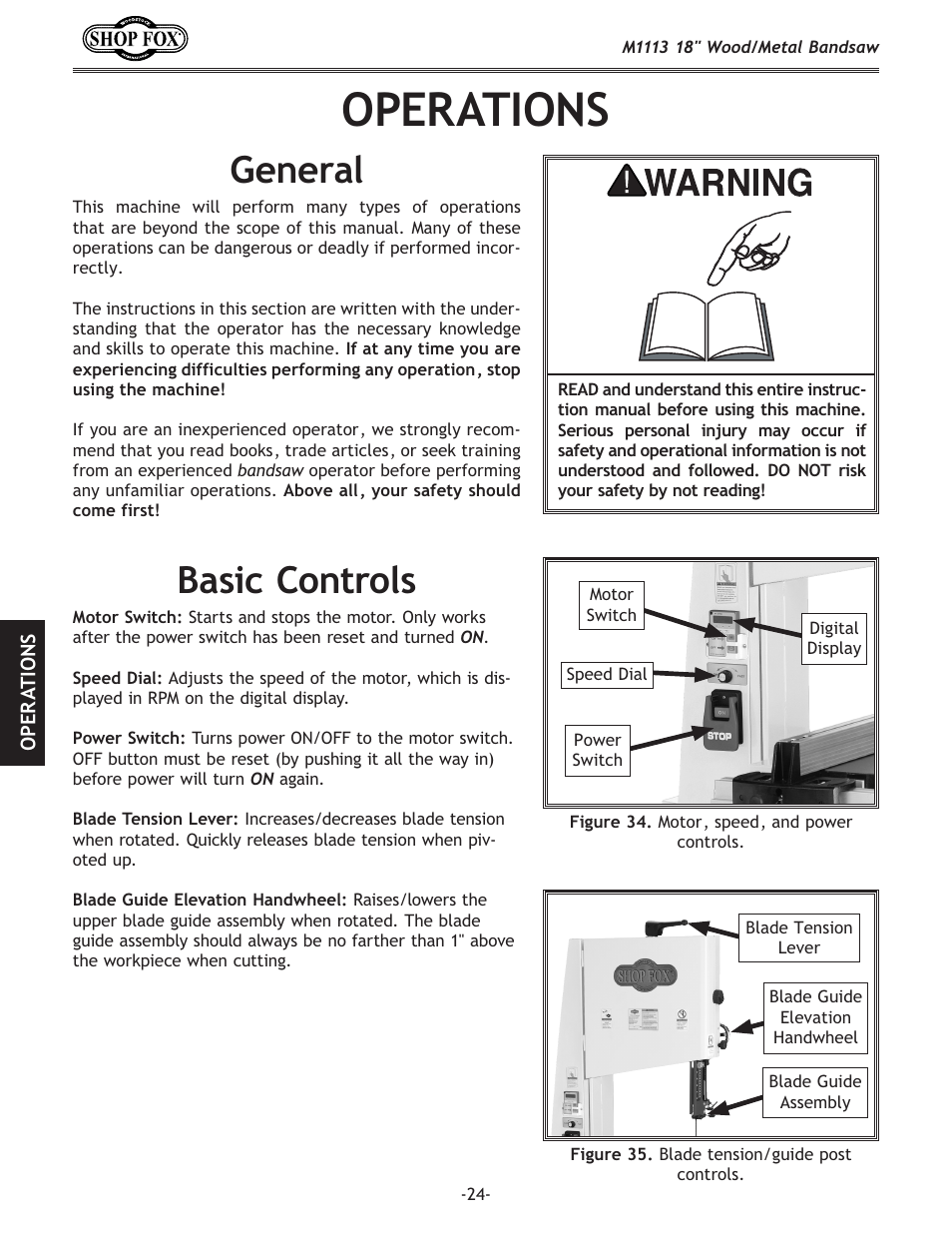 Operations, General, Basic controls | Woodstock M1113 User Manual | Page 26 / 60