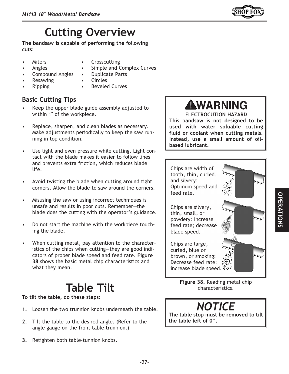 Cutting overview, Table tilt, Notice | Woodstock M1113 User Manual | Page 29 / 60