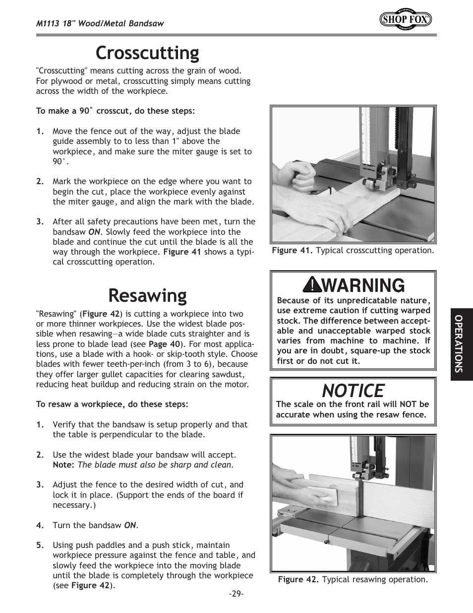 Crosscutting, Resawing, Notice | Woodstock M1113 User Manual | Page 31 / 60