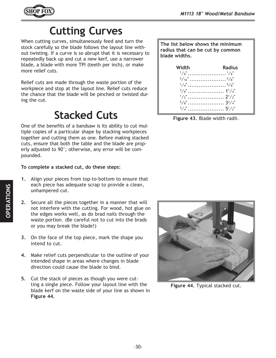 Cutting curves, Stacked cuts, Ope r at io n s | Woodstock M1113 User Manual | Page 32 / 60