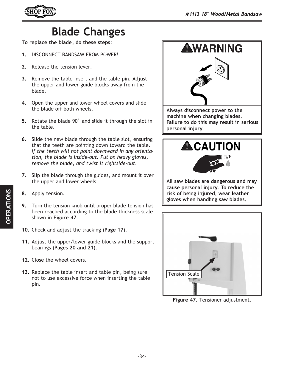Blade changes | Woodstock M1113 User Manual | Page 36 / 60