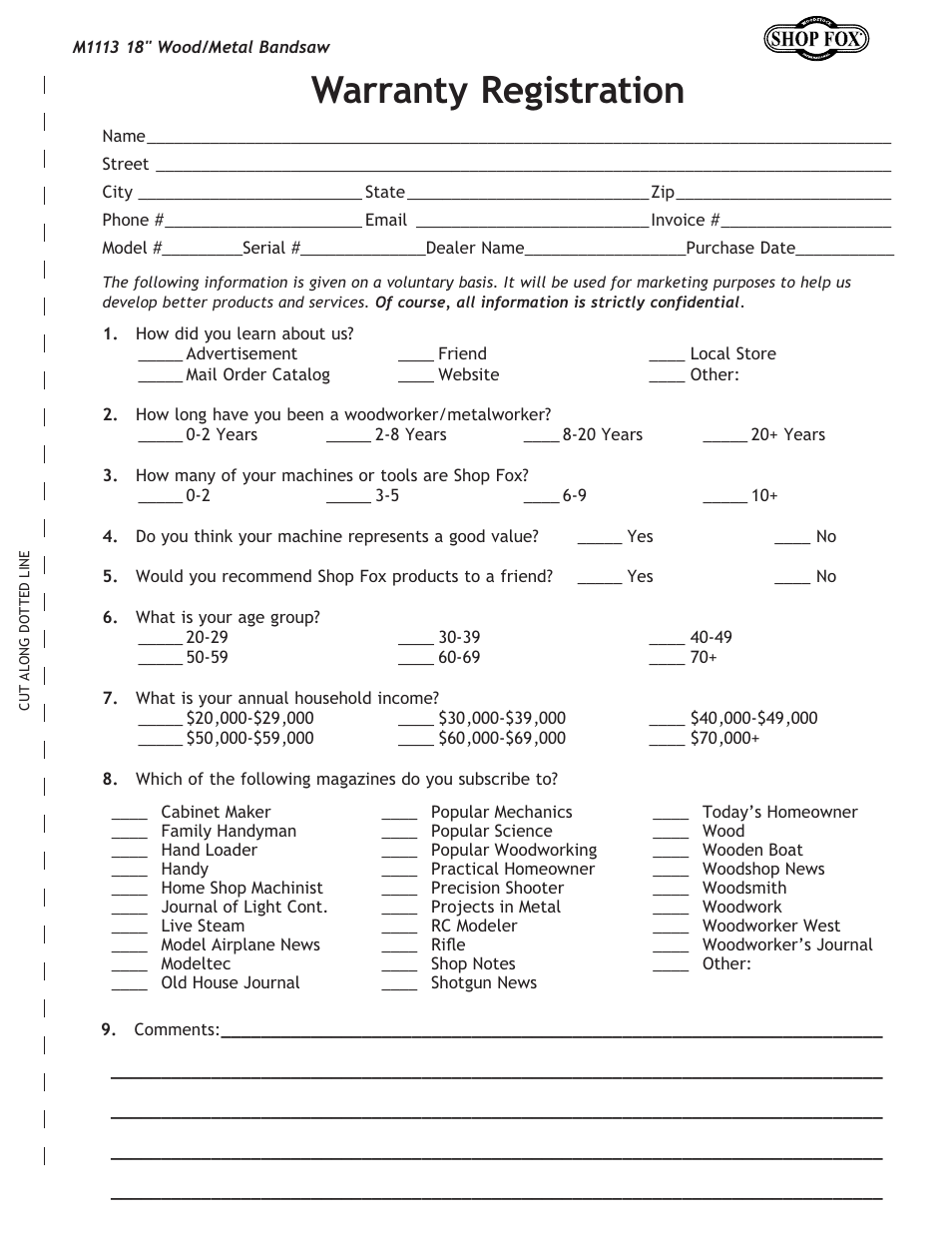 Warranty registration | Woodstock M1113 User Manual | Page 57 / 60