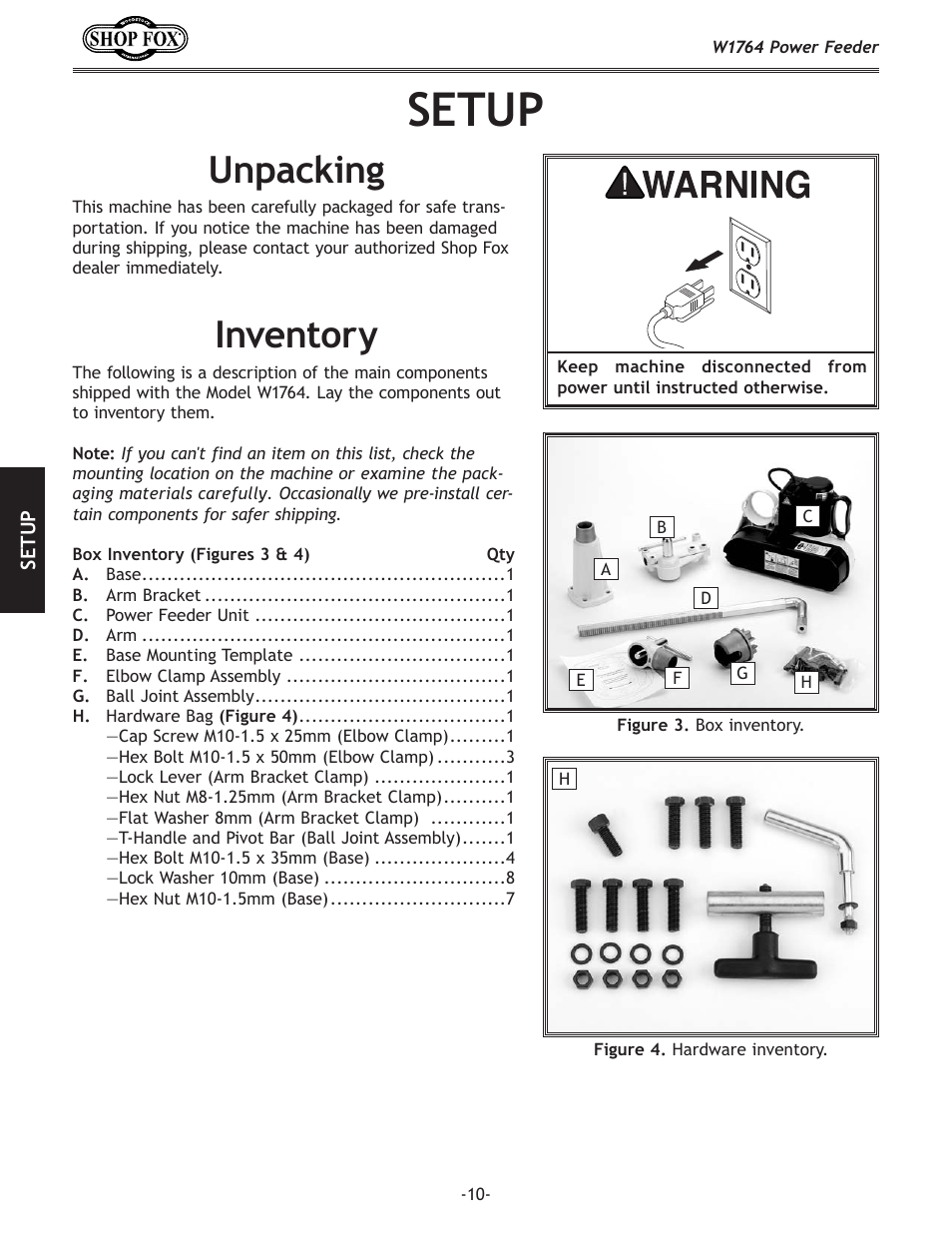 Setup, Inventory, Unpacking | Woodstock W1764 User Manual | Page 12 / 28