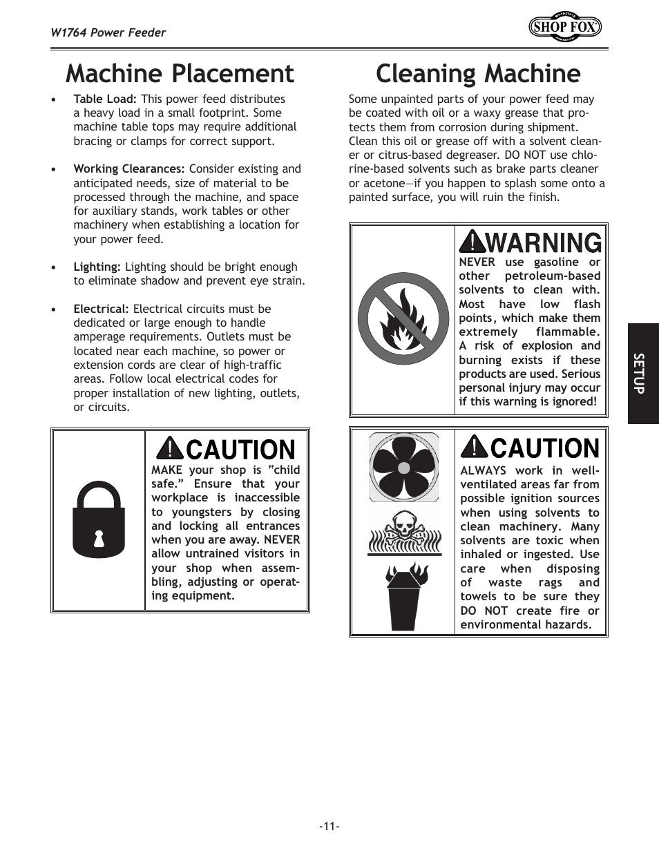 Cleaning machine, Machine placement | Woodstock W1764 User Manual | Page 13 / 28