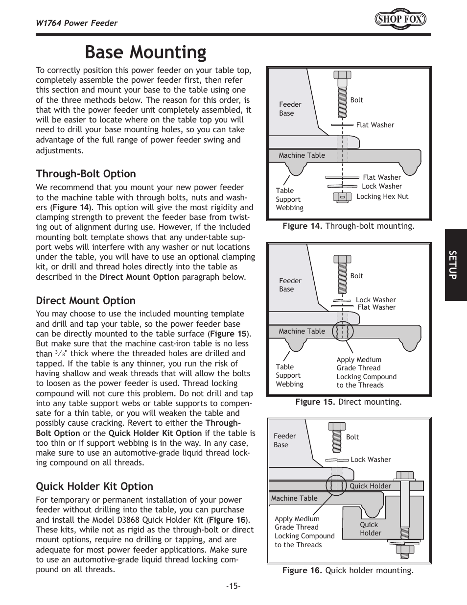 Base mounting, Through-bolt option, Direct mount option | Quick holder kit option, Se tu p | Woodstock W1764 User Manual | Page 17 / 28