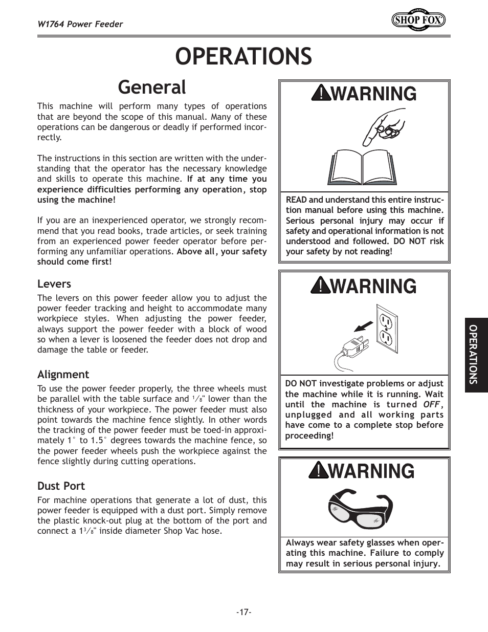 Operations, General | Woodstock W1764 User Manual | Page 19 / 28