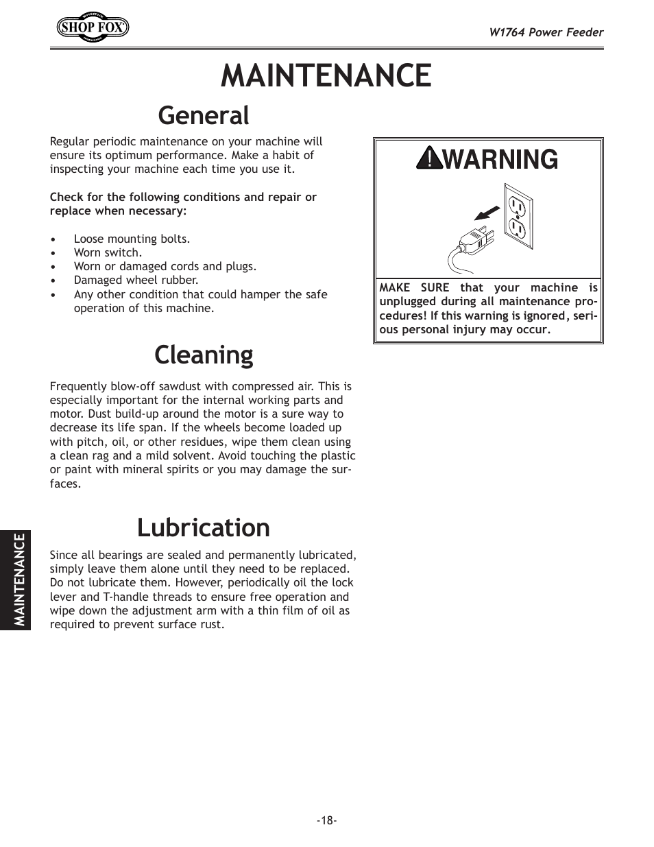 Maintenance, Lubrication, Cleaning | General | Woodstock W1764 User Manual | Page 20 / 28