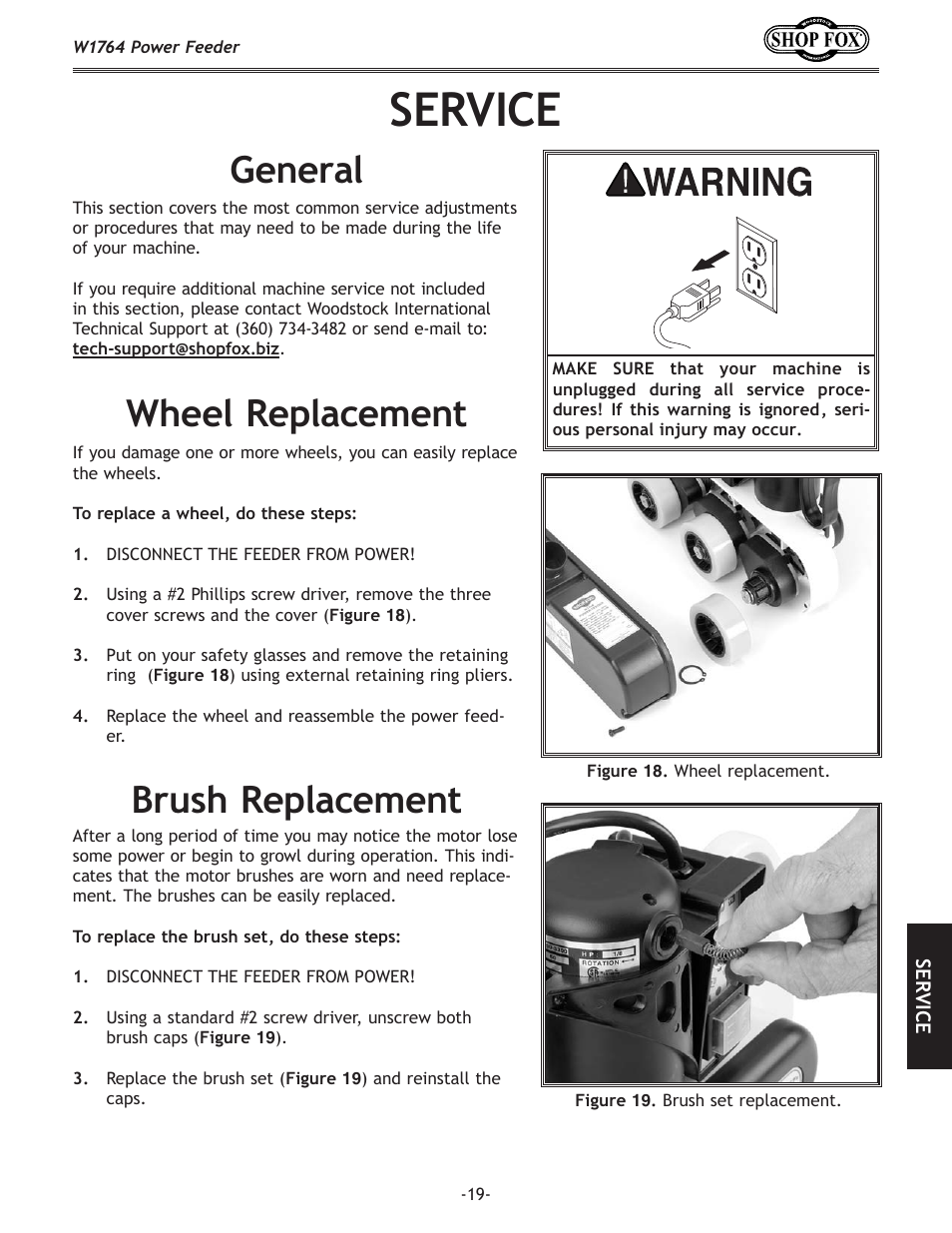 Service, Wheel replacement, Brush replacement | General | Woodstock W1764 User Manual | Page 21 / 28