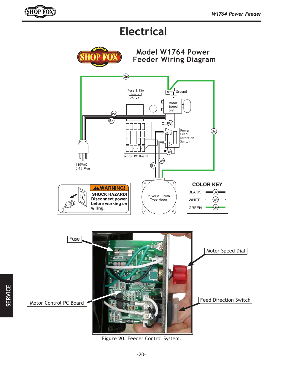 Electrical, Model w1764 power feeder wiring diagram, Se rv ic e | Woodstock W1764 User Manual | Page 22 / 28