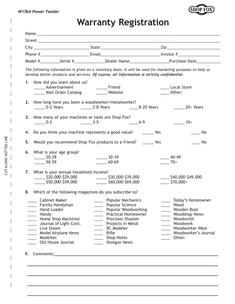 Warranty registration | Woodstock W1764 User Manual | Page 25 / 28