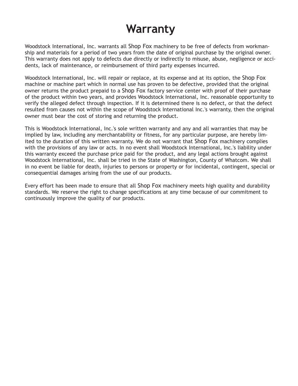 Warranty | Woodstock W1764 User Manual | Page 27 / 28