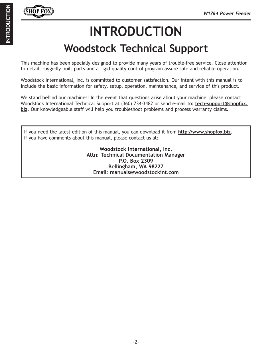 Introduction, Woodstock technical support | Woodstock W1764 User Manual | Page 4 / 28