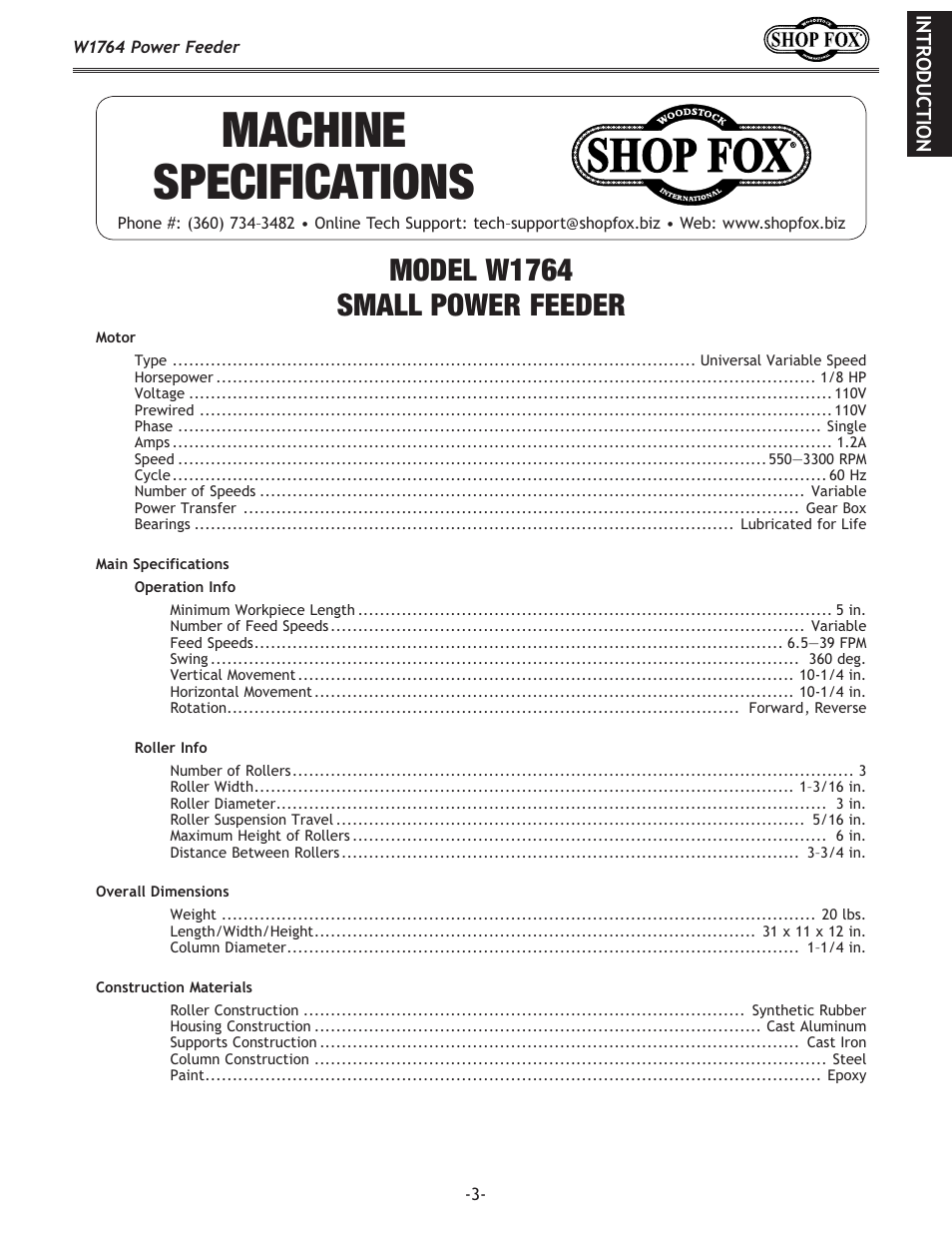 Machine specifications, Model w1764 small power feeder | Woodstock W1764 User Manual | Page 5 / 28