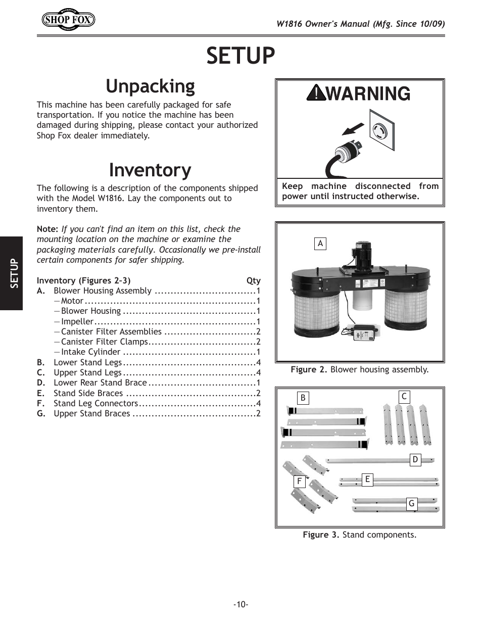 Setup, Unpacking, Inventory | Woodstock SHOP FOX W1816 User Manual | Page 12 / 52