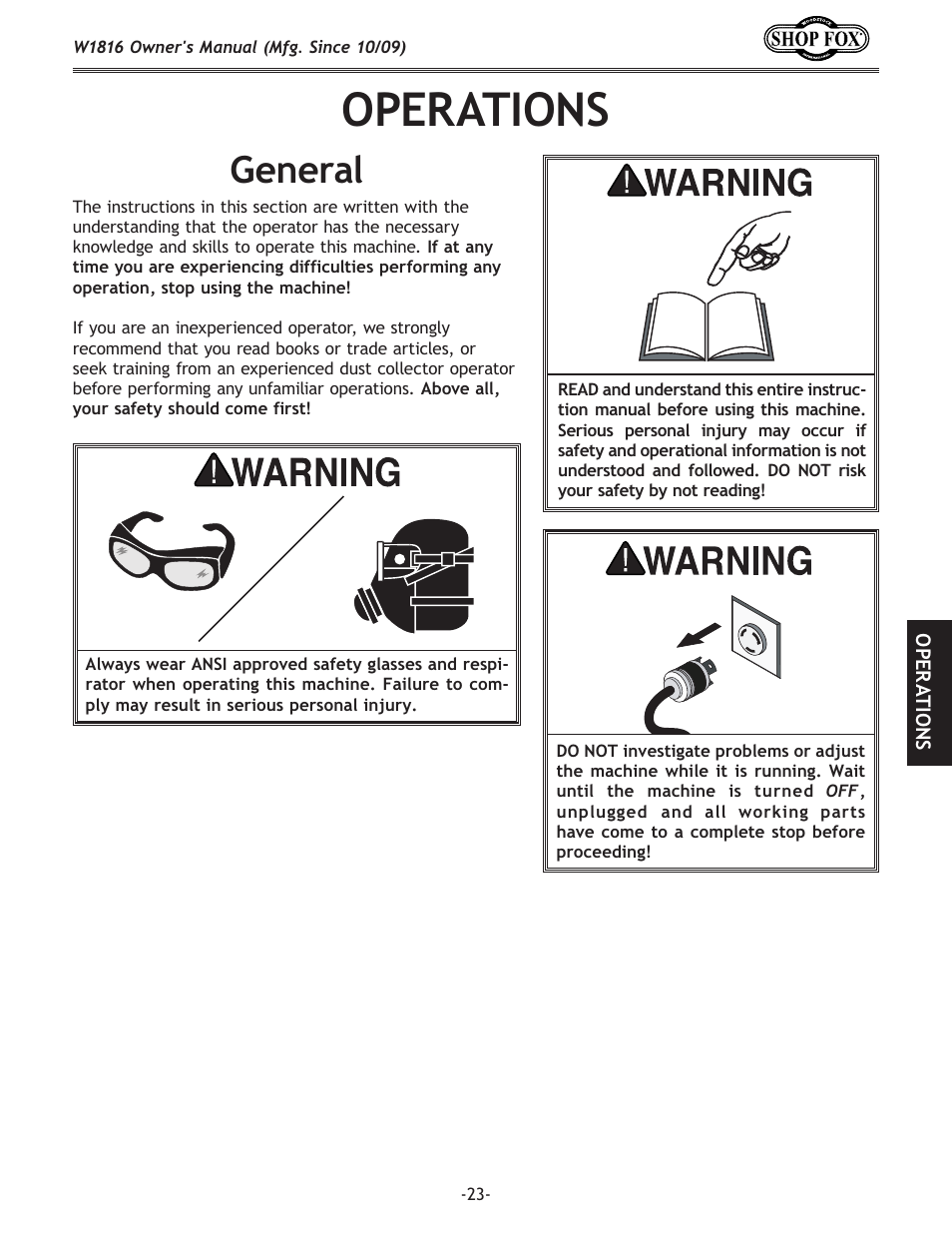 Operations, General | Woodstock SHOP FOX W1816 User Manual | Page 25 / 52