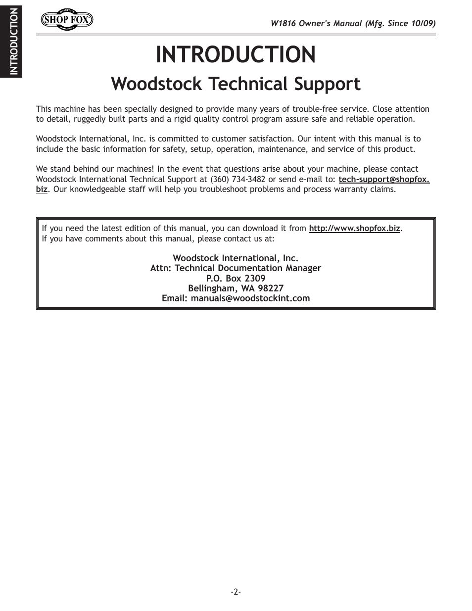 Introduction, Woodstock technical support | Woodstock SHOP FOX W1816 User Manual | Page 4 / 52