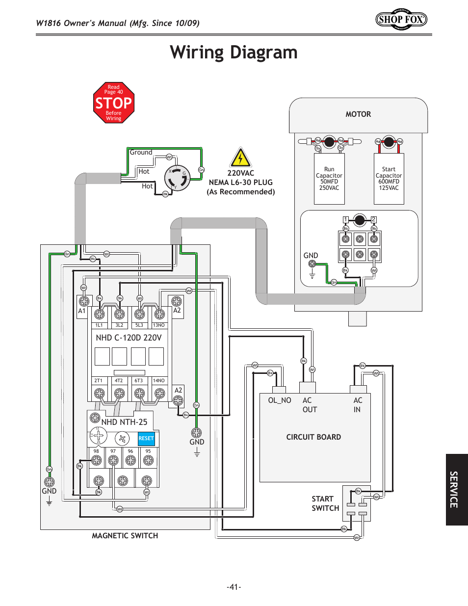 Wiring diagram, Stop, Se rv ic e | Electrical diagram | Woodstock SHOP FOX W1816 User Manual | Page 43 / 52