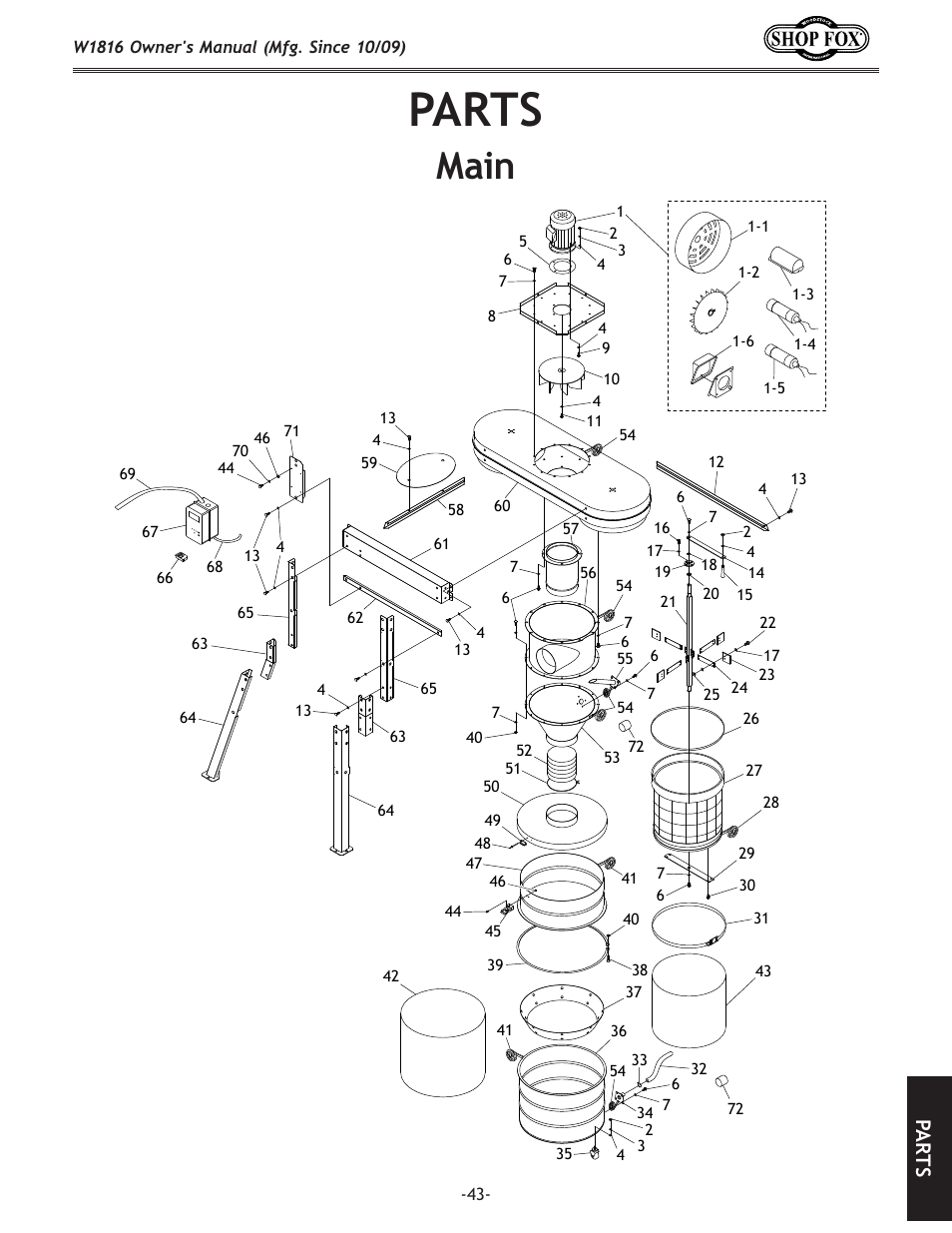 Parts, Main, Pa rt s | Woodstock SHOP FOX W1816 User Manual | Page 45 / 52