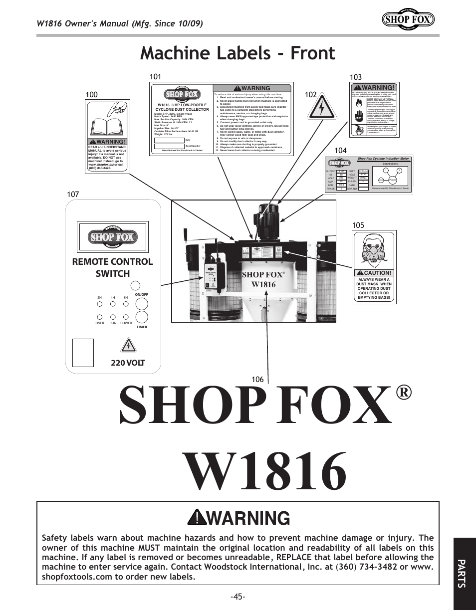 Shop fox, W1816, Machine labels - front | W1816 machine labels c, W1816 machine labels b, W1816 machine labels a, Pa rt s, Remo te c ontr ol swit ch, Remote control switch, 220 volt | Woodstock SHOP FOX W1816 User Manual | Page 47 / 52