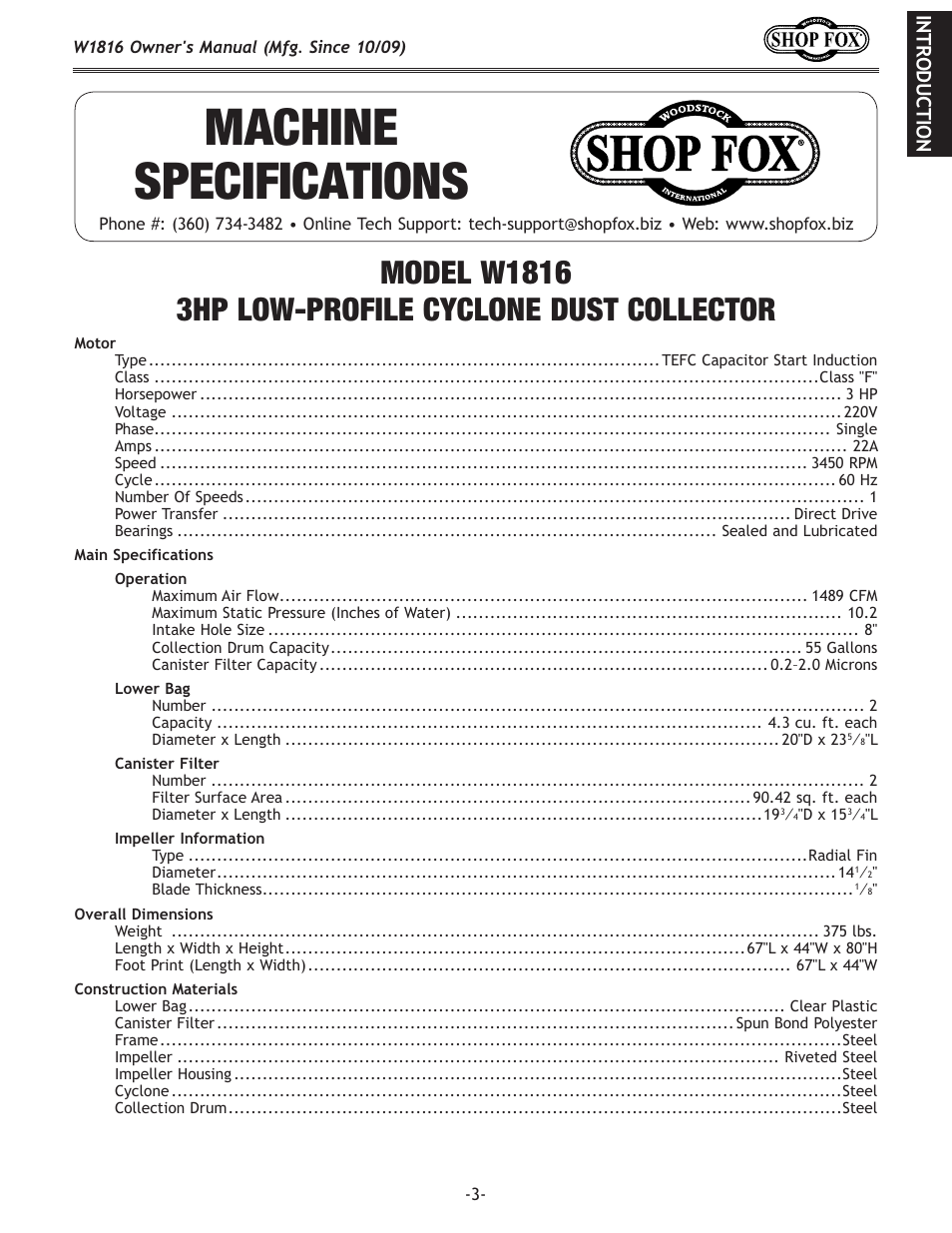 Machine specifications | Woodstock SHOP FOX W1816 User Manual | Page 5 / 52