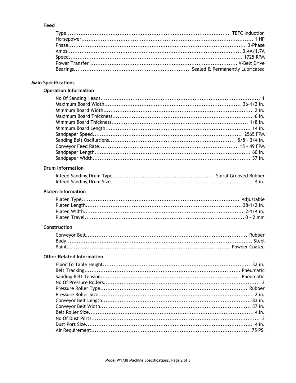 Main specifications | Woodstock SHOP FOX W1738 User Manual | Page 2 / 3