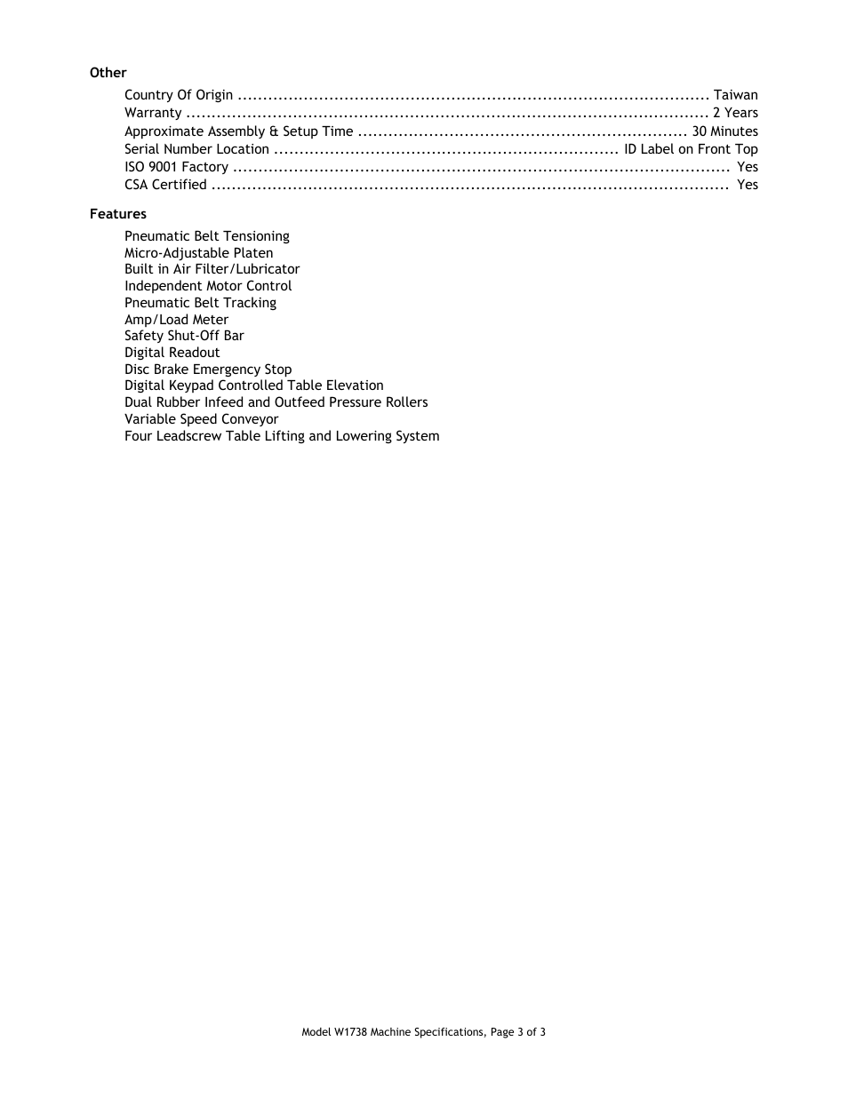 Other specifications, Features | Woodstock SHOP FOX W1738 User Manual | Page 3 / 3