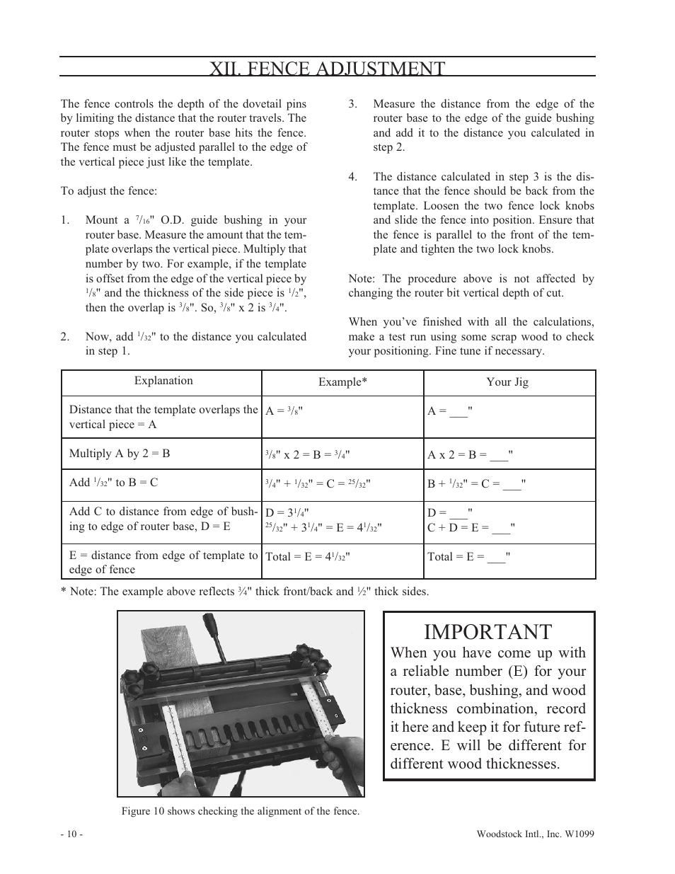 Important, Xii. fence adjustment | Woodstock W1099 User Manual | Page 11 / 21