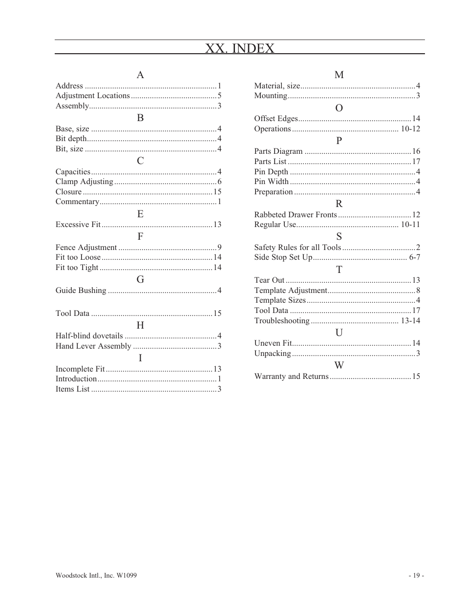Xx. index | Woodstock W1099 User Manual | Page 20 / 21