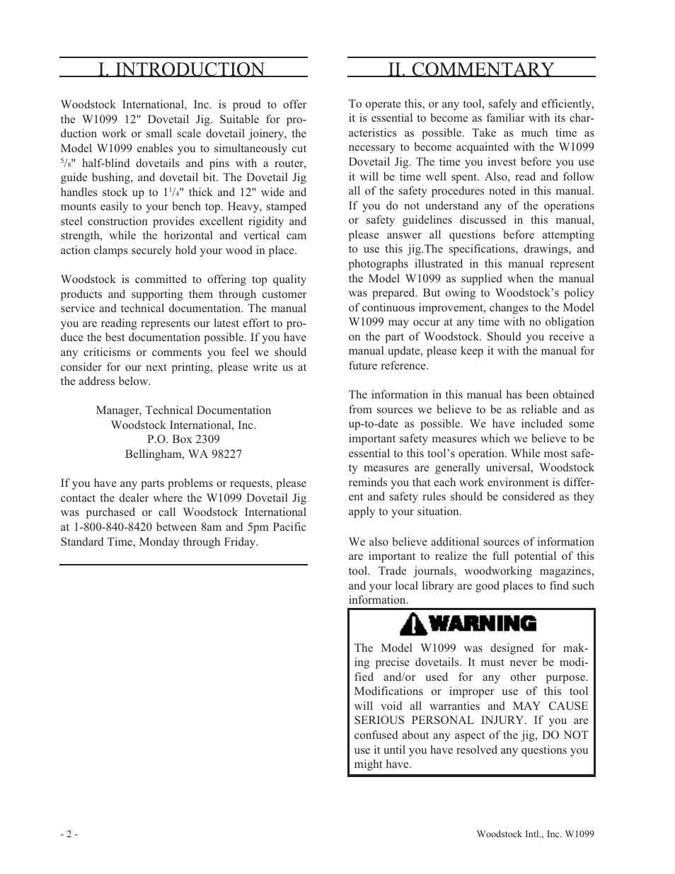I. introduction, Ii. commentary | Woodstock W1099 User Manual | Page 3 / 21